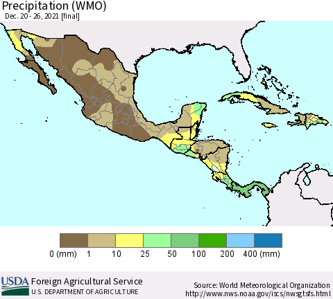 Mexico Central America and the Caribbean Precipitation (WMO) Thematic Map For 12/20/2021 - 12/26/2021