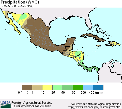 Mexico Central America and the Caribbean Precipitation (WMO) Thematic Map For 12/27/2021 - 1/2/2022