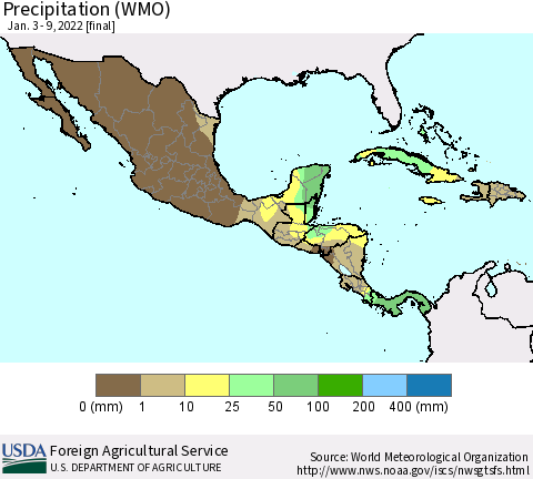 Mexico Central America and the Caribbean Precipitation (WMO) Thematic Map For 1/3/2022 - 1/9/2022