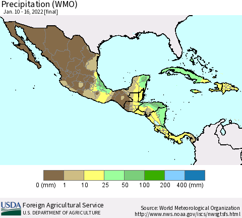 Mexico Central America and the Caribbean Precipitation (WMO) Thematic Map For 1/10/2022 - 1/16/2022