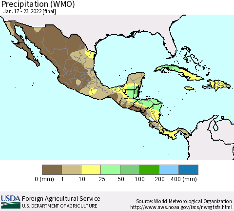 Mexico Central America and the Caribbean Precipitation (WMO) Thematic Map For 1/17/2022 - 1/23/2022