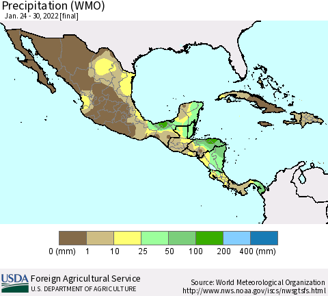 Mexico Central America and the Caribbean Precipitation (WMO) Thematic Map For 1/24/2022 - 1/30/2022