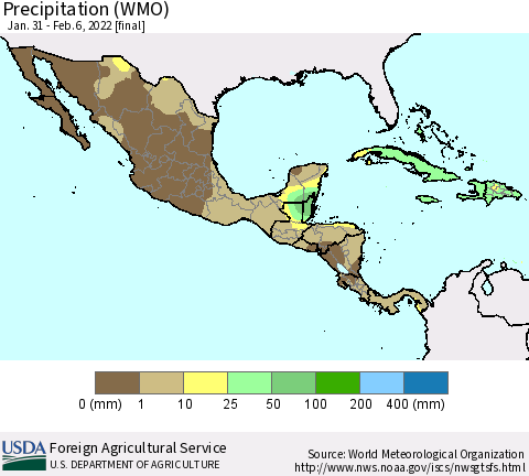 Mexico Central America and the Caribbean Precipitation (WMO) Thematic Map For 1/31/2022 - 2/6/2022