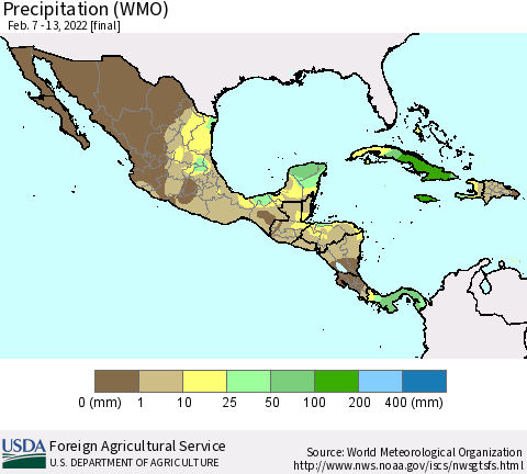 Mexico Central America and the Caribbean Precipitation (WMO) Thematic Map For 2/7/2022 - 2/13/2022