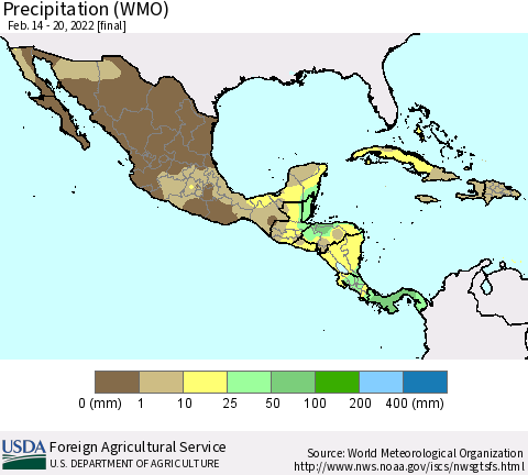 Mexico Central America and the Caribbean Precipitation (WMO) Thematic Map For 2/14/2022 - 2/20/2022