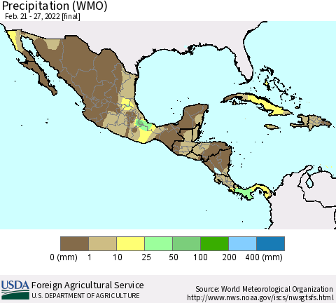 Mexico Central America and the Caribbean Precipitation (WMO) Thematic Map For 2/21/2022 - 2/27/2022