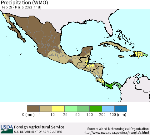 Mexico Central America and the Caribbean Precipitation (WMO) Thematic Map For 2/28/2022 - 3/6/2022