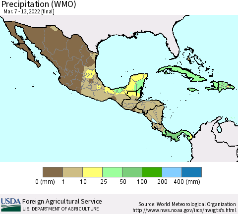 Mexico Central America and the Caribbean Precipitation (WMO) Thematic Map For 3/7/2022 - 3/13/2022