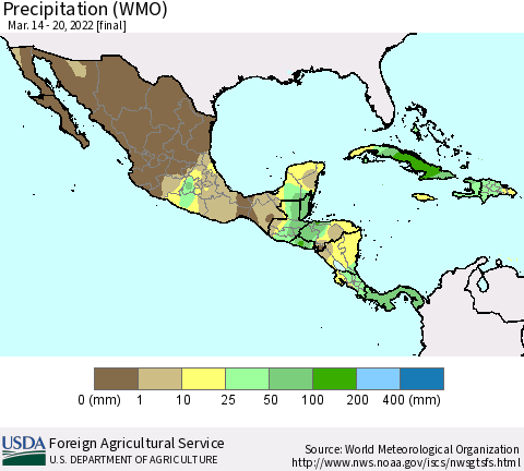 Mexico Central America and the Caribbean Precipitation (WMO) Thematic Map For 3/14/2022 - 3/20/2022