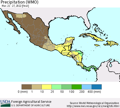 Mexico Central America and the Caribbean Precipitation (WMO) Thematic Map For 3/21/2022 - 3/27/2022