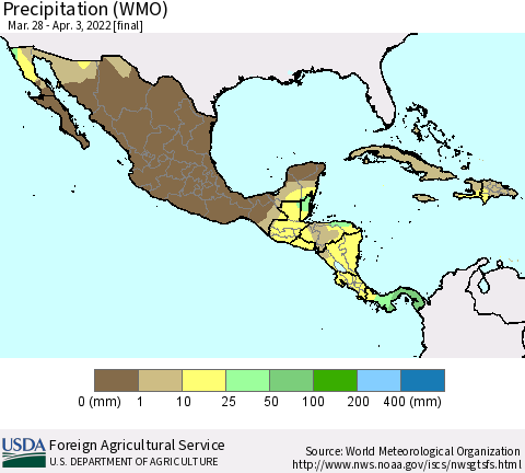 Mexico Central America and the Caribbean Precipitation (WMO) Thematic Map For 3/28/2022 - 4/3/2022