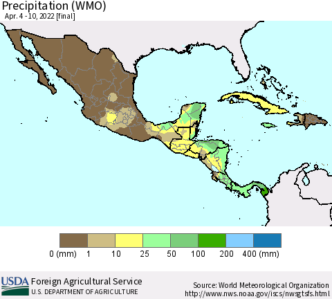 Mexico Central America and the Caribbean Precipitation (WMO) Thematic Map For 4/4/2022 - 4/10/2022