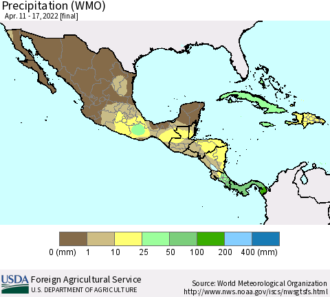 Mexico Central America and the Caribbean Precipitation (WMO) Thematic Map For 4/11/2022 - 4/17/2022