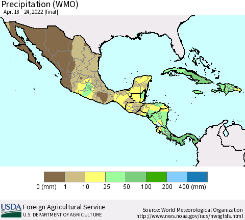 Mexico Central America and the Caribbean Precipitation (WMO) Thematic Map For 4/18/2022 - 4/24/2022