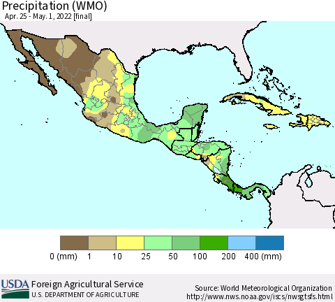 Mexico Central America and the Caribbean Precipitation (WMO) Thematic Map For 4/25/2022 - 5/1/2022
