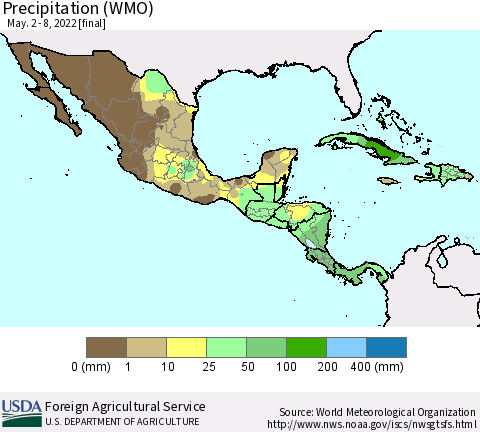 Mexico Central America and the Caribbean Precipitation (WMO) Thematic Map For 5/2/2022 - 5/8/2022