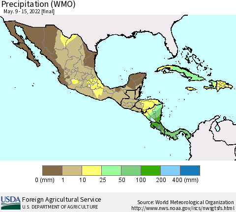 Mexico Central America and the Caribbean Precipitation (WMO) Thematic Map For 5/9/2022 - 5/15/2022