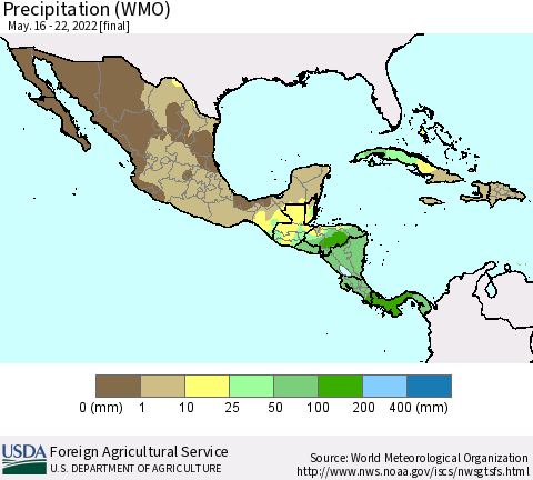 Mexico Central America and the Caribbean Precipitation (WMO) Thematic Map For 5/16/2022 - 5/22/2022