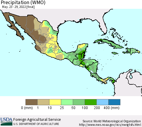 Mexico Central America and the Caribbean Precipitation (WMO) Thematic Map For 5/23/2022 - 5/29/2022