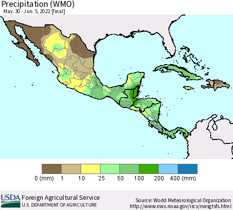 Mexico Central America and the Caribbean Precipitation (WMO) Thematic Map For 5/30/2022 - 6/5/2022