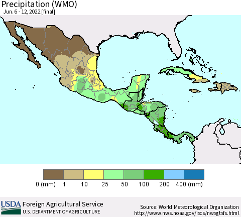 Mexico Central America and the Caribbean Precipitation (WMO) Thematic Map For 6/6/2022 - 6/12/2022