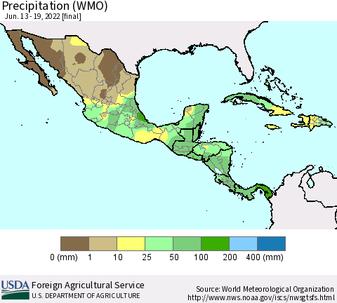 Mexico Central America and the Caribbean Precipitation (WMO) Thematic Map For 6/13/2022 - 6/19/2022