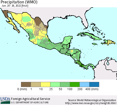 Mexico Central America and the Caribbean Precipitation (WMO) Thematic Map For 6/20/2022 - 6/26/2022