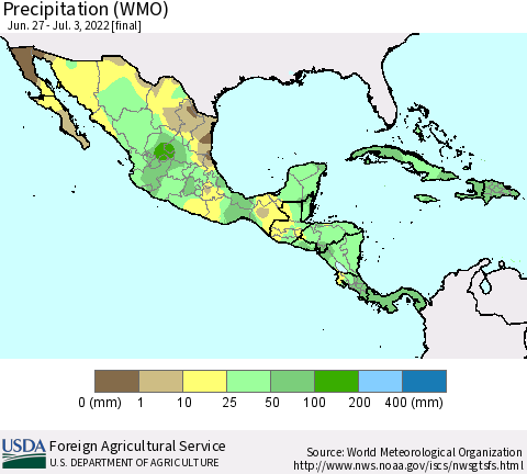 Mexico Central America and the Caribbean Precipitation (WMO) Thematic Map For 6/27/2022 - 7/3/2022