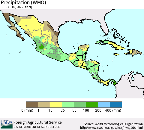Mexico Central America and the Caribbean Precipitation (WMO) Thematic Map For 7/4/2022 - 7/10/2022