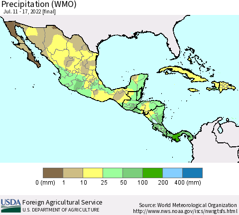 Mexico Central America and the Caribbean Precipitation (WMO) Thematic Map For 7/11/2022 - 7/17/2022