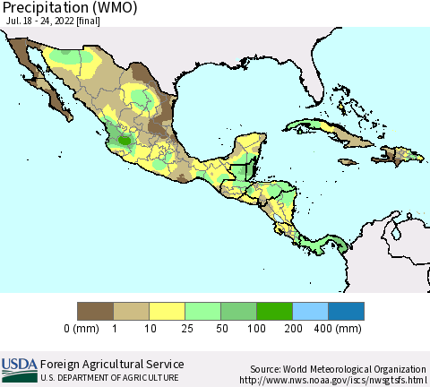 Mexico Central America and the Caribbean Precipitation (WMO) Thematic Map For 7/18/2022 - 7/24/2022