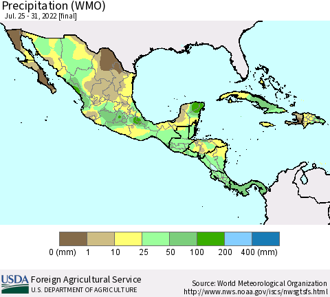 Mexico Central America and the Caribbean Precipitation (WMO) Thematic Map For 7/25/2022 - 7/31/2022