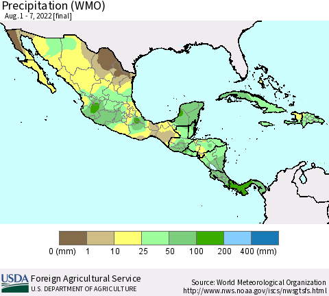 Mexico Central America and the Caribbean Precipitation (WMO) Thematic Map For 8/1/2022 - 8/7/2022