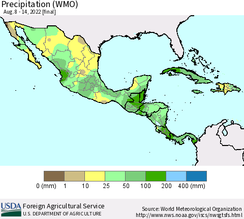 Mexico Central America and the Caribbean Precipitation (WMO) Thematic Map For 8/8/2022 - 8/14/2022