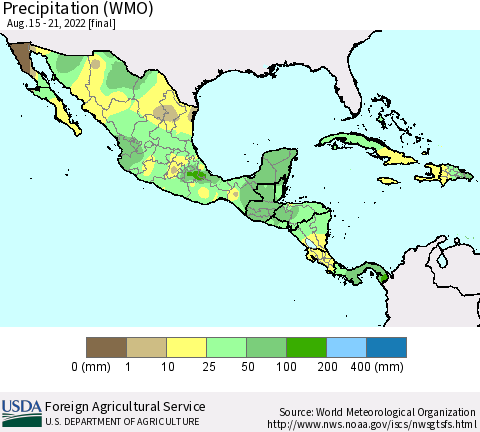 Mexico Central America and the Caribbean Precipitation (WMO) Thematic Map For 8/15/2022 - 8/21/2022