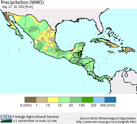 Mexico Central America and the Caribbean Precipitation (WMO) Thematic Map For 8/22/2022 - 8/28/2022