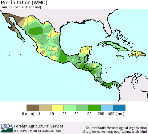 Mexico Central America and the Caribbean Precipitation (WMO) Thematic Map For 8/29/2022 - 9/4/2022