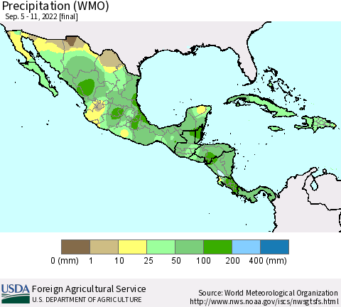 Mexico Central America and the Caribbean Precipitation (WMO) Thematic Map For 9/5/2022 - 9/11/2022