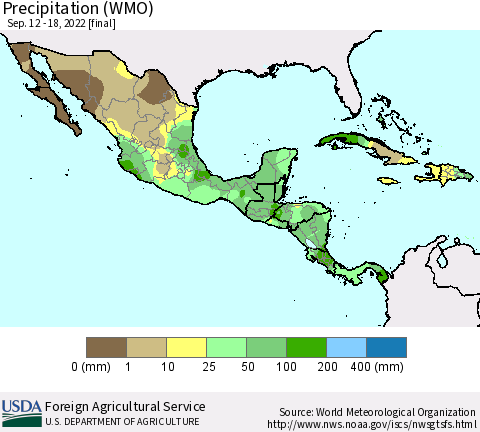 Mexico Central America and the Caribbean Precipitation (WMO) Thematic Map For 9/12/2022 - 9/18/2022