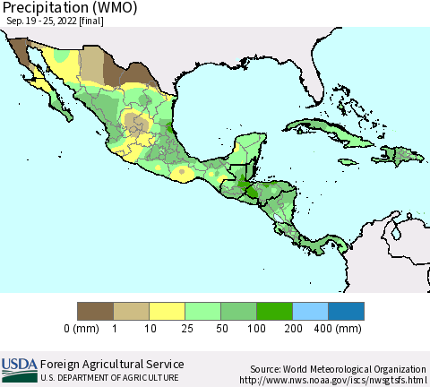Mexico Central America and the Caribbean Precipitation (WMO) Thematic Map For 9/19/2022 - 9/25/2022