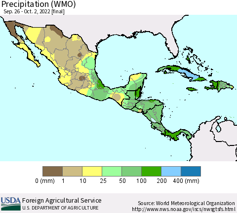 Mexico Central America and the Caribbean Precipitation (WMO) Thematic Map For 9/26/2022 - 10/2/2022