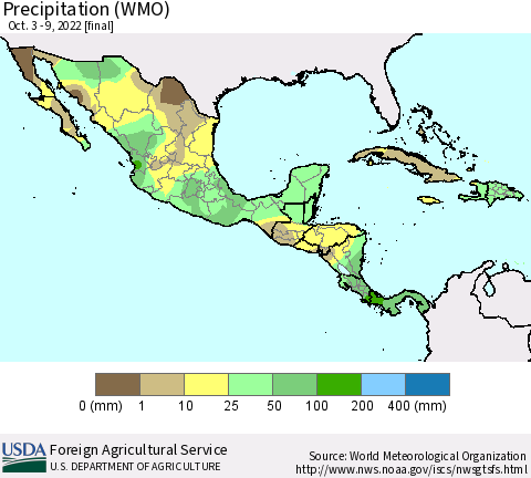 Mexico Central America and the Caribbean Precipitation (WMO) Thematic Map For 10/3/2022 - 10/9/2022