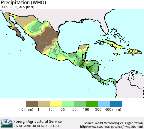 Mexico Central America and the Caribbean Precipitation (WMO) Thematic Map For 10/10/2022 - 10/16/2022
