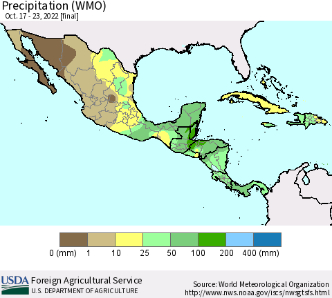 Mexico Central America and the Caribbean Precipitation (WMO) Thematic Map For 10/17/2022 - 10/23/2022