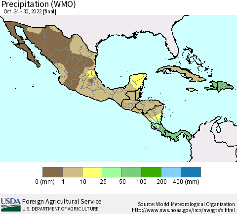 Mexico Central America and the Caribbean Precipitation (WMO) Thematic Map For 10/24/2022 - 10/30/2022