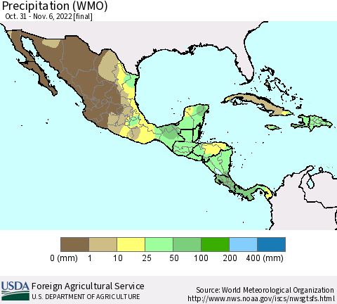 Mexico Central America and the Caribbean Precipitation (WMO) Thematic Map For 10/31/2022 - 11/6/2022