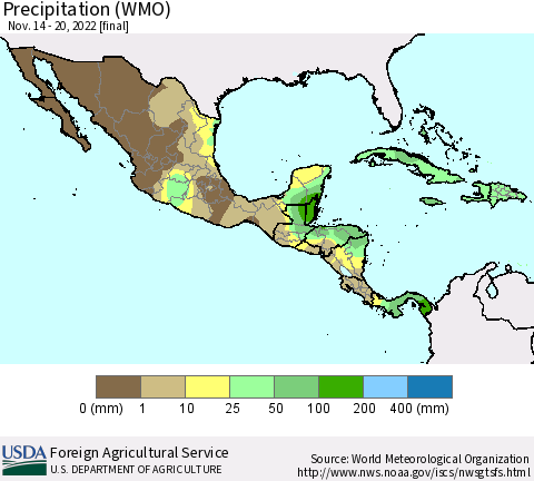 Mexico Central America and the Caribbean Precipitation (WMO) Thematic Map For 11/14/2022 - 11/20/2022