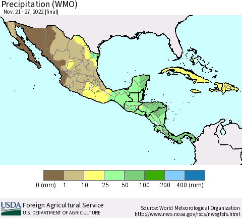 Mexico Central America and the Caribbean Precipitation (WMO) Thematic Map For 11/21/2022 - 11/27/2022