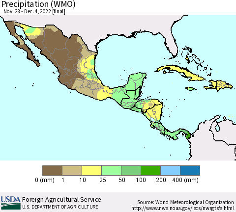 Mexico Central America and the Caribbean Precipitation (WMO) Thematic Map For 11/28/2022 - 12/4/2022