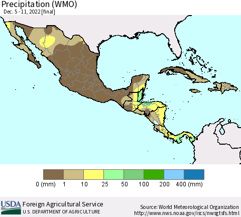 Mexico Central America and the Caribbean Precipitation (WMO) Thematic Map For 12/5/2022 - 12/11/2022